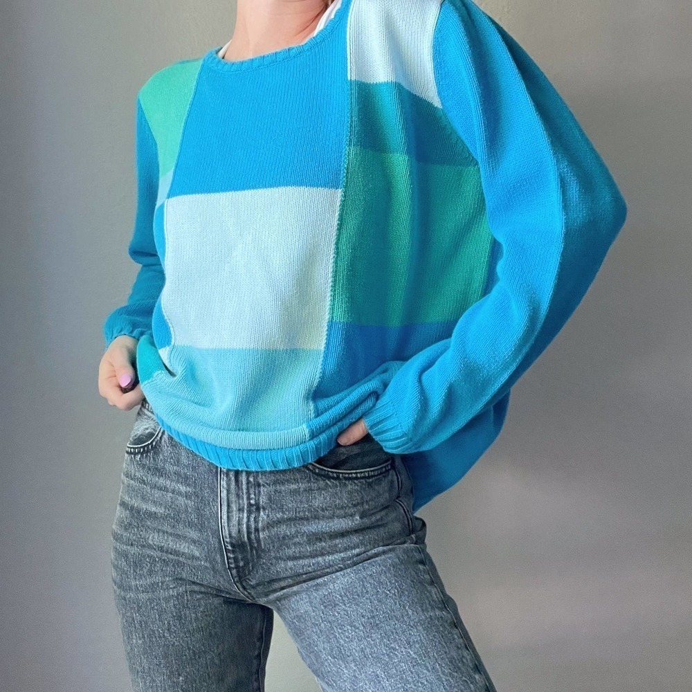 Vintage Blue Turquoise Color Block Knit Crewneck Sweater